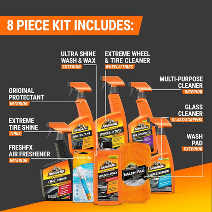 Premier 8-Piece Car Care Kit - Car Detailing Set with Wax, Wash, Glass and Tire Cleaners