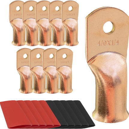 10-Piece 4/0 AWG to 1/4 in M6 Copper Battery Lug Set with Heat Shrink Tubing
