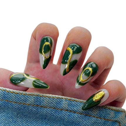 SourcetoHome 10PCS Black Chrome Press On Nails – Long Stiletto Fake Nails with Gold Metallic Swirl & 3D Waterdrop Design, Glossy Reusable Trendy Nails for Women and Girls – Euphrosyne - General - front view