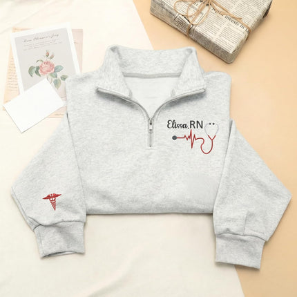 Custom Name Nurse Embroidered Quarter-Zip Sweatshirt with Title