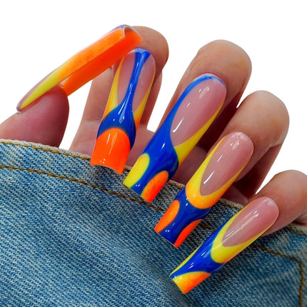 10PCS Colorful Swirl Press On Nails - Long Coffin Glossy Y2K Nails