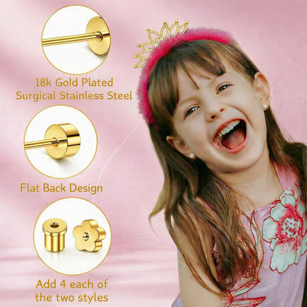 4-Pair Gold 316L Surgical Steel CZ Flat Back Stud Earrings Set