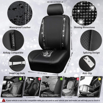 Leather Bling Diamond Car Seat Covers Full Set - Black Universal Fit