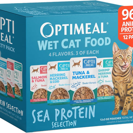 Wet Cat Food Variety Pack - Sea Protein Selection, Grain Free Tender Morsels, 3 oz Pouches, Pack of 12