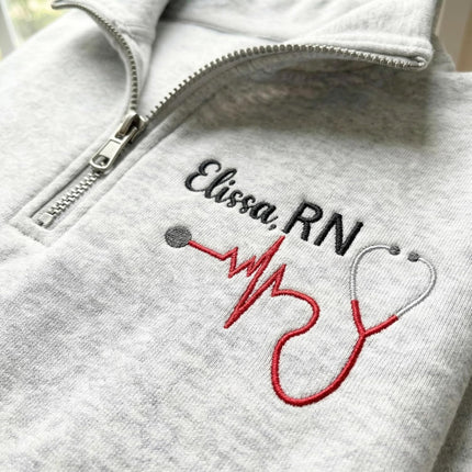 Custom Name Nurse Embroidered Quarter-Zip Sweatshirt with Title