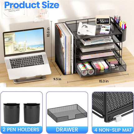 Black 5-Tier Desk Organizer with Drawer and Pen Holder