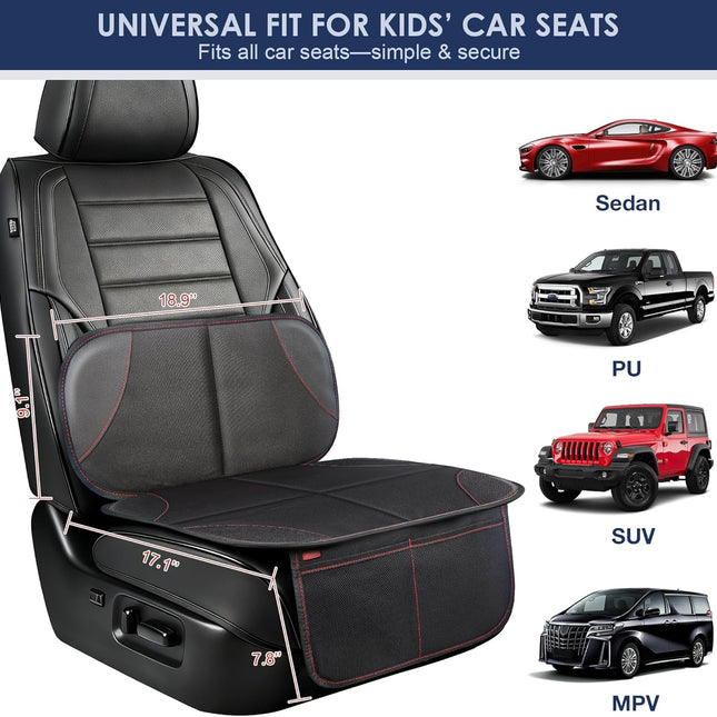 Car Seat Protector for Kids, Anti-Slip Thick Padding, 2 Storage Pockets, Universal Fit, Black 2 Pack