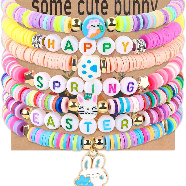 7Pcs Easter Bunny Basket Gifts Bracelet, Easter Gifts for Girls Women Stackable Boho Clay Party Elastic Stretch Bracelets
