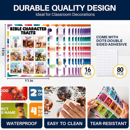 16-Piece Kids Bible Poster Set, 11 x 14 in Laminated Classroom Wall Art