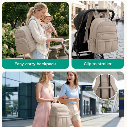 Camel Puffy Multi-Pocket Diaper Bag Backpack with Changing Pad