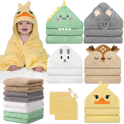 15-Piece Baby Bath Towels Set with Animal Hooded Towels and Washcloths