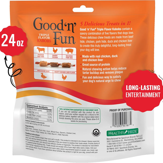 Triple Flavor Kabobs Long-Lasting Dog Treat, Beef Hide and Chicken, 24 oz