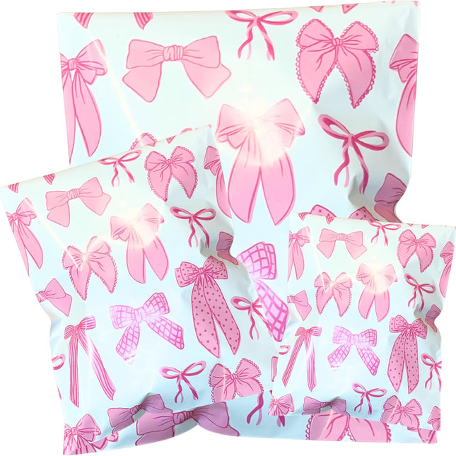 6x9 Colorful and Stylish 100 Pack Poly Mailer Bags with Unique Designs, Ribbon Bow
