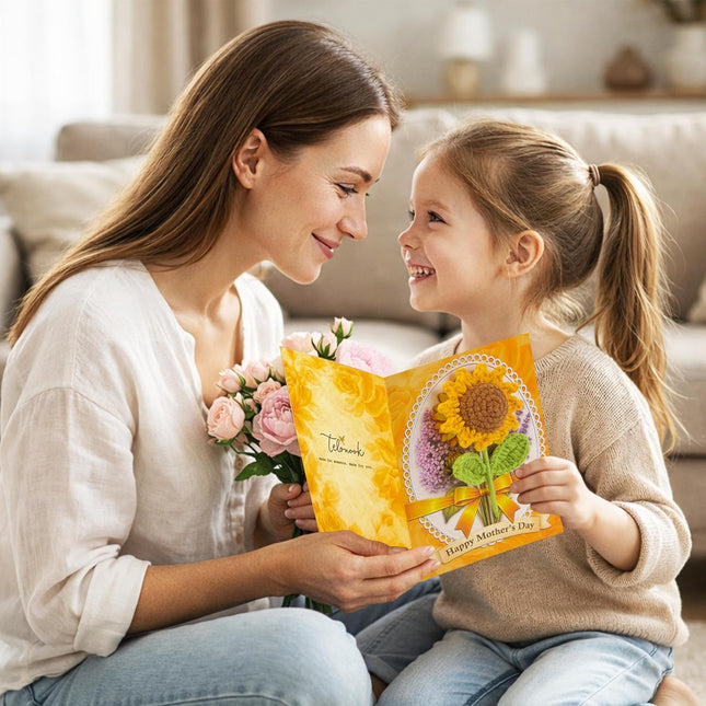 Sunflower Crochet Knit Mother's Day Card with Plastic Box, 5x7 Inch