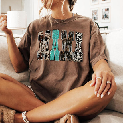 SourceToHome FuenteACasa Comfort Colors Mama Western Cow Print Leopard Star T-Shirt Mother's Day — Home & Lifestyle