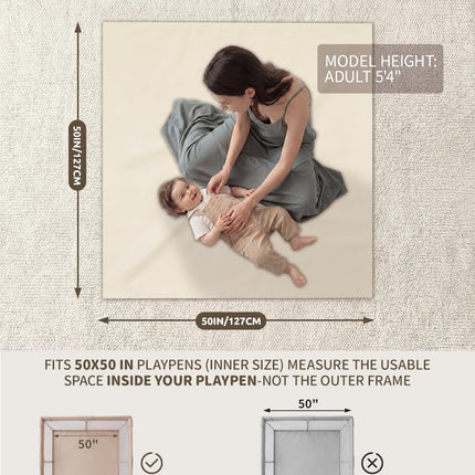 Joypony Baby Play Mat for Floor 50x50, 1.5” Thick Vegan Leather Crawling Mat with Removable Cover, Waterproof Playpen Mat for Infants and Toddlers, Wipe-Clean Kids Playmat, Cream