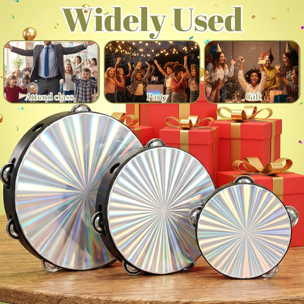 3 Pack Radiant Wooden Tambourines for Adults, 6, 8 and 10 Inch