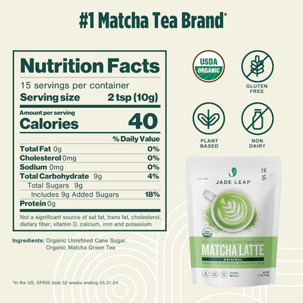 Organic Matcha Latte Mix, Lightly Sweet Japanese Matcha Powder with Organic Cane Sugar, 5.3 oz
