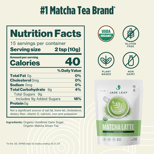 Organic Matcha Latte Mix, Lightly Sweet Japanese Matcha Powder with Organic Cane Sugar, 5.3 oz