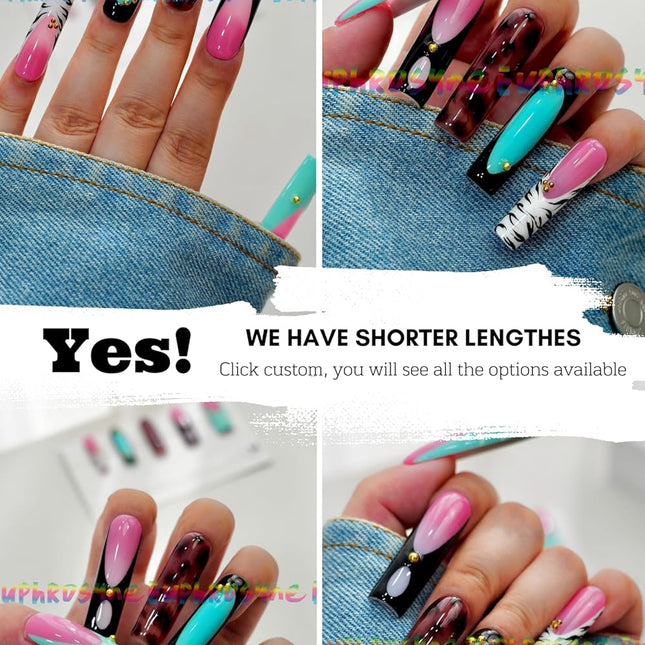 SourcetoHome 10PCS Multicolor Press On Nails – Long Coffin Fake Nails with Zebra Print, Leopard Pattern, Abstract Swirls & Stud Accents, Glossy Reusable Y2K Nails for Women and Girls – Euphrosyne - supplement facts label