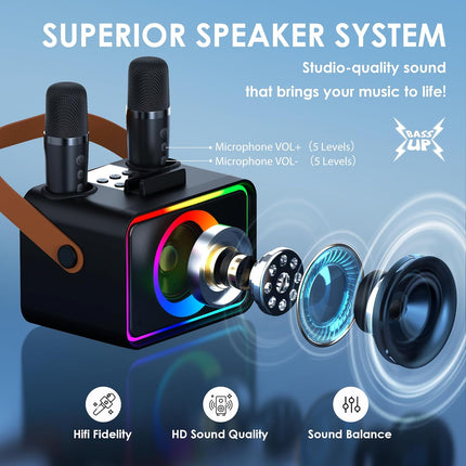 Portable Bluetooth Karaoke Speaker with 2 Wireless Microphones and LED Lights