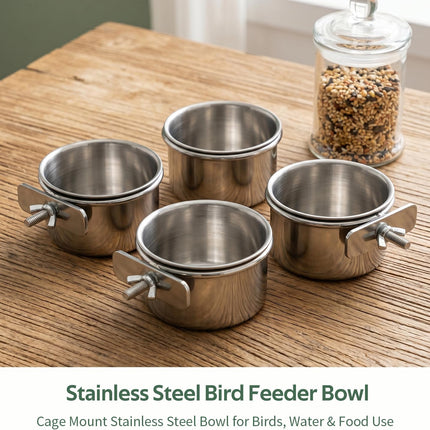 4-Piece Stainless Steel Bird Food & Water Bowls with Clamp Holders