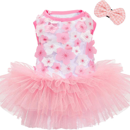 Pink Floral XXX-Small Dog Princess Dress with Bow Clip