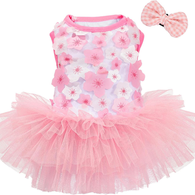 Pink Floral XXX-Small Dog Princess Dress with Bow Clip