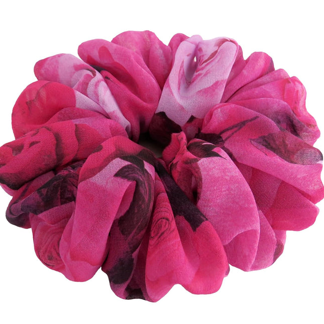 Colorful Big Chiffon Hair Scrunchie - Pink Roses