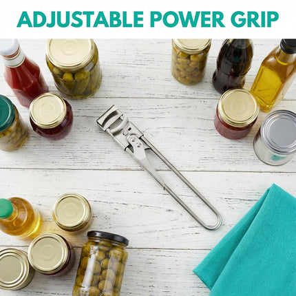 Senior-friendly 4-in-1 stainless steel jar opener with easy-grip handle design