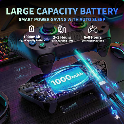 Wireless Game Controller with Type-C Cable, Dual Vibration, 1000mAh Battery, 6-Axis Motion Sensor, Touchpad, Audio Jack, Non-Slip Grip