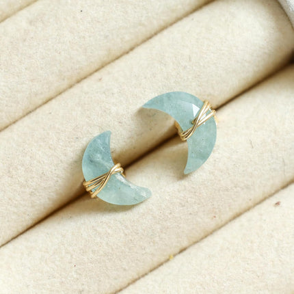Aquamarine Half Moon Stud Earrings in Gold Plated Brass
