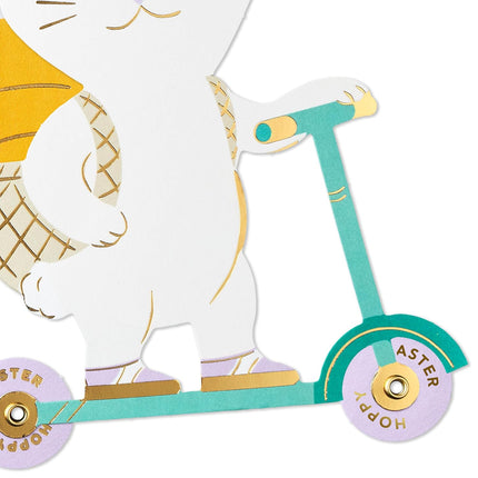Kids Easter Card, Wheely Fun Die-Cut Bunny on Scooter with Removable Carrot Card