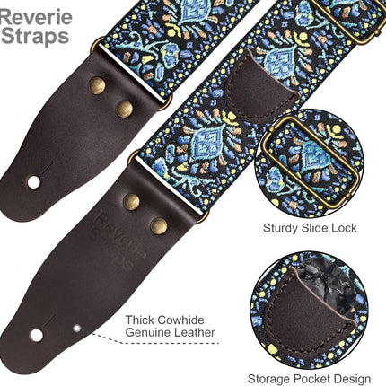 Vintage Embroidered Cotton Guitar Strap with Cowhide Leather Ends - Blue