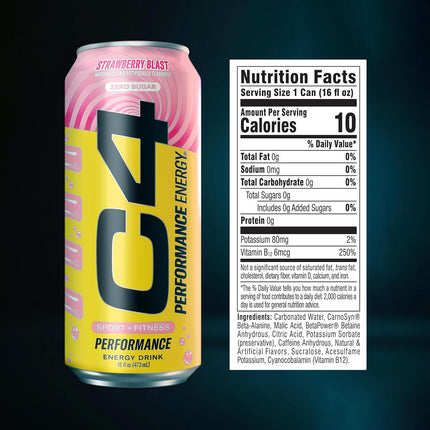 Performance Energy Drink | Strawberry Blast | Zero Sugar | 16 Fl Oz, 12 Pack