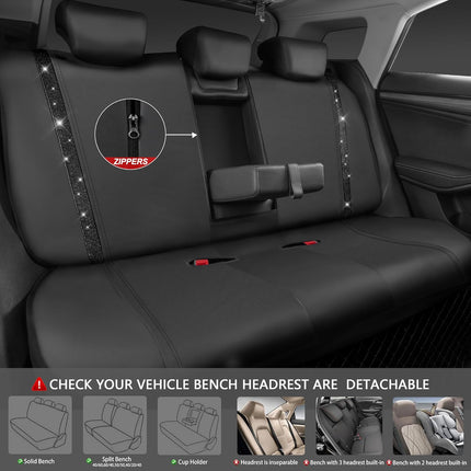 Leather Bling Diamond Car Seat Covers Full Set - Black Universal Fit