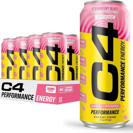 Performance Energy Drink | Strawberry Blast | Zero Sugar | 16 Fl Oz, 12 Pack