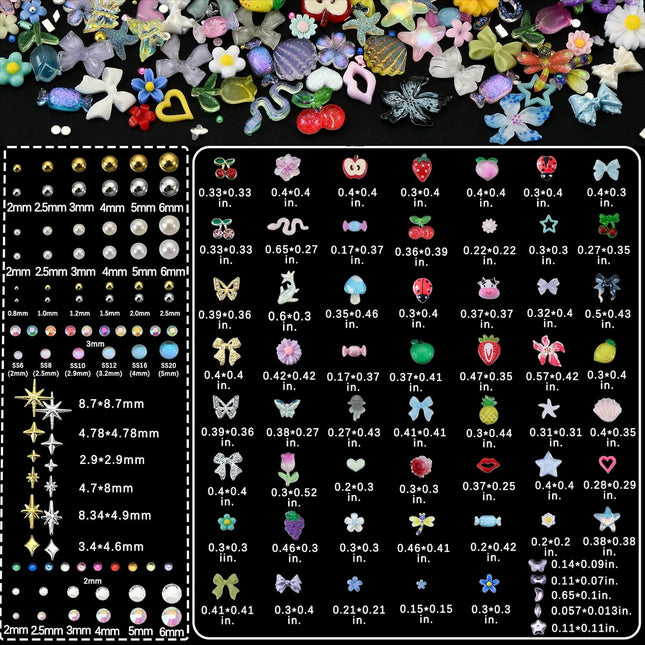9000 Pcs 3D Nail Charms and Gems Bulk Kit 110 Styles Colorful Rhinestones Bows Butterfly Flower Star Beads Pearls Bubble