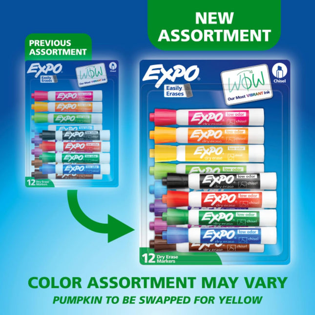 Low Odor Dry Erase Markers, Assorted Colors, Chisel Tip, 12 Count