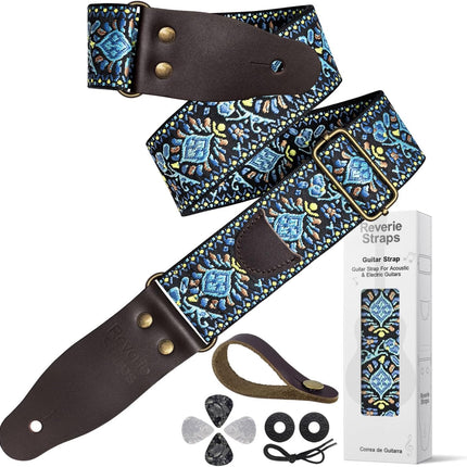 Vintage Embroidered Cotton Guitar Strap with Cowhide Leather Ends - Blue