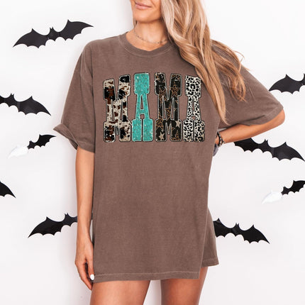 SourceToHome FuenteACasa Comfort Colors Mama Western Cow Print Leopard Star T-Shirt Mother's Day — Home & Lifestyle