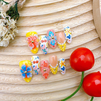 30-Piece Summer Fruit Press-On Nails, Medium Almond French Tip