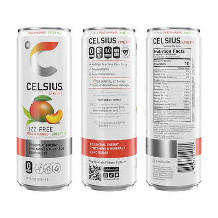 Fizz Free Peach Mango Green Tea Sugar Free Energy Drink, 12 Fl Oz, Pack of 12