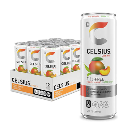Fizz Free Peach Mango Green Tea Sugar Free Energy Drink, 12 Fl Oz, Pack of 12