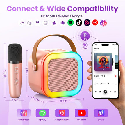 Mini Karaoke Machine with 2 Wireless Microphones and Party Lights, Rose Gold