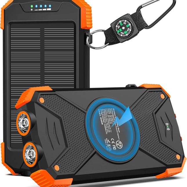 Solar Power Bank 10,000mAh Portable Wireless Charger with USB-C and Dual Flashlight