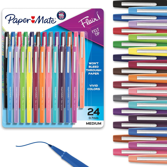 Medium Point Felt Tip Pens, Assorted Colors, 24 Count