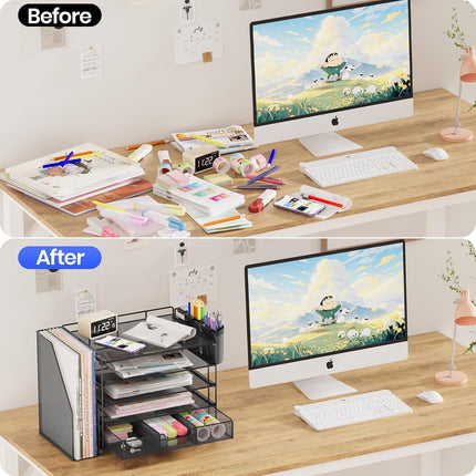 Black 5-Tier Desk Organizer with Drawer and Pen Holder