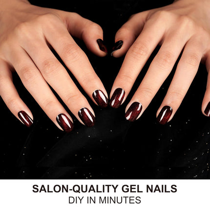 Semi-Cured Gel Nail Strips Dark Red Cat Eye Magnetic Wraps, 28 Stickers