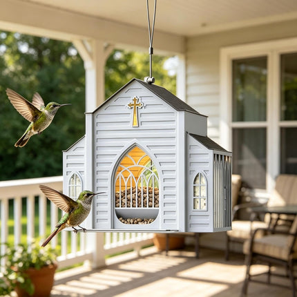 Church Shaped Metal Hanging Bird Feeder with Solar Light